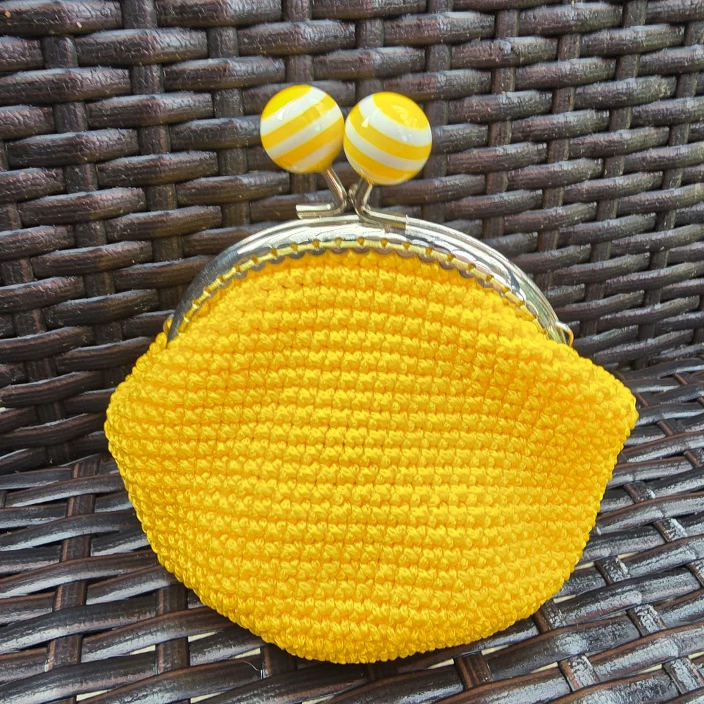 NEW Handcrafted Crochet KissClasp Yellow Mini Purse Wallet